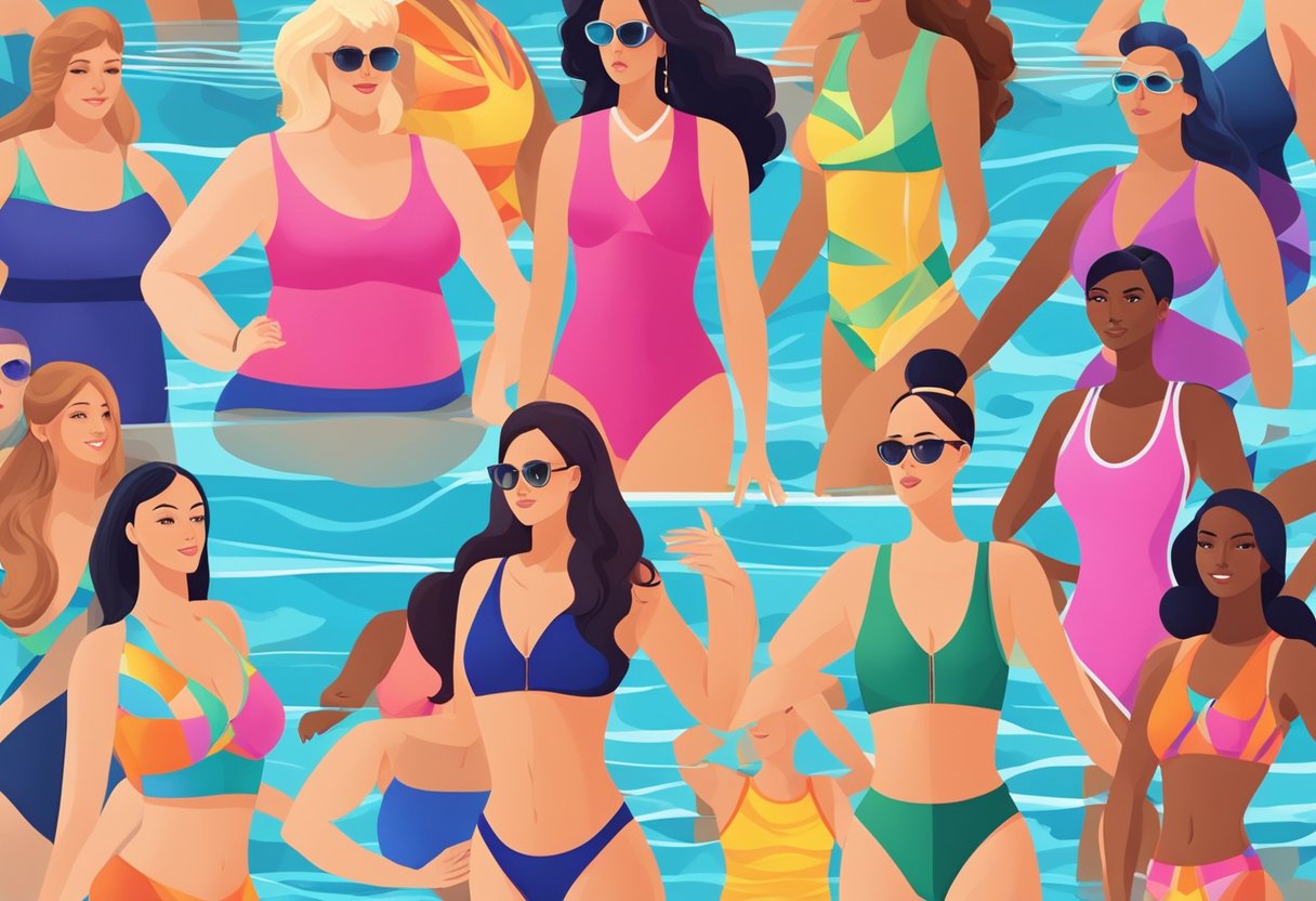 Real women in competition swimwear, showcasing diverse body types and sizes, swimming in a pool with focus on the vibrant colors and sleek designs of the swimsuits