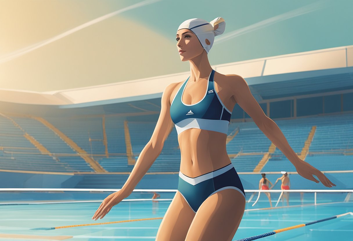 A female swimmer wearing NAD competition swimwear stands confidently at the edge of a pool, ready to dive in. The sleek, form-fitting suit accentuates her athletic figure, exuding power and determination