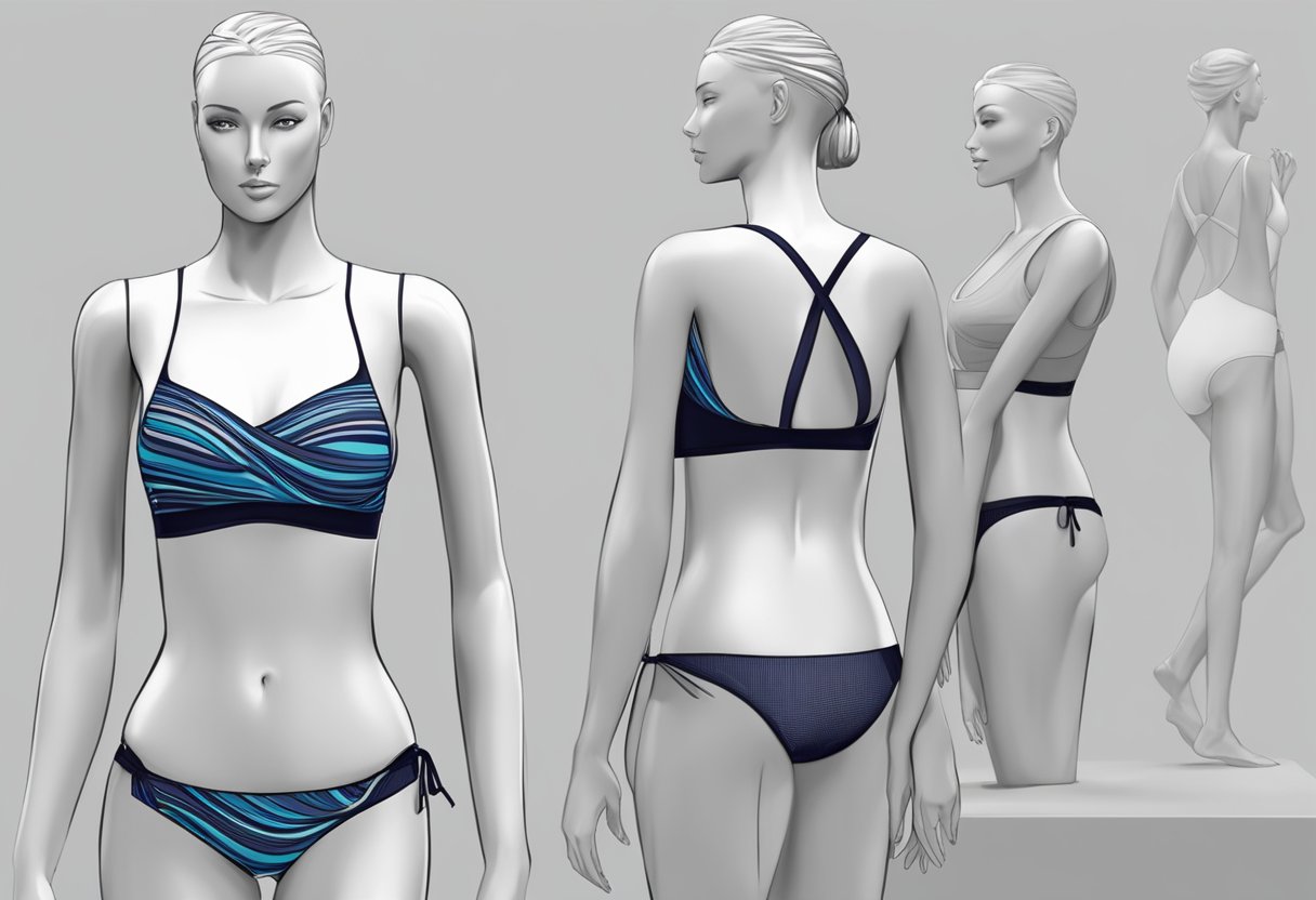 A swimwear model is displayed on a mannequin, showcasing the sleek and stylish design features of NAD swimwear and competition swimwear for real women