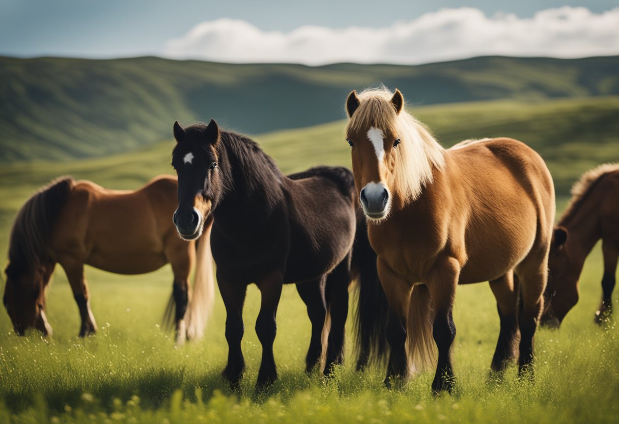 A group of Icelandic horses grazing in a lush green meadow under the warm summer sun, their sleek coats shimmering with health and vitality