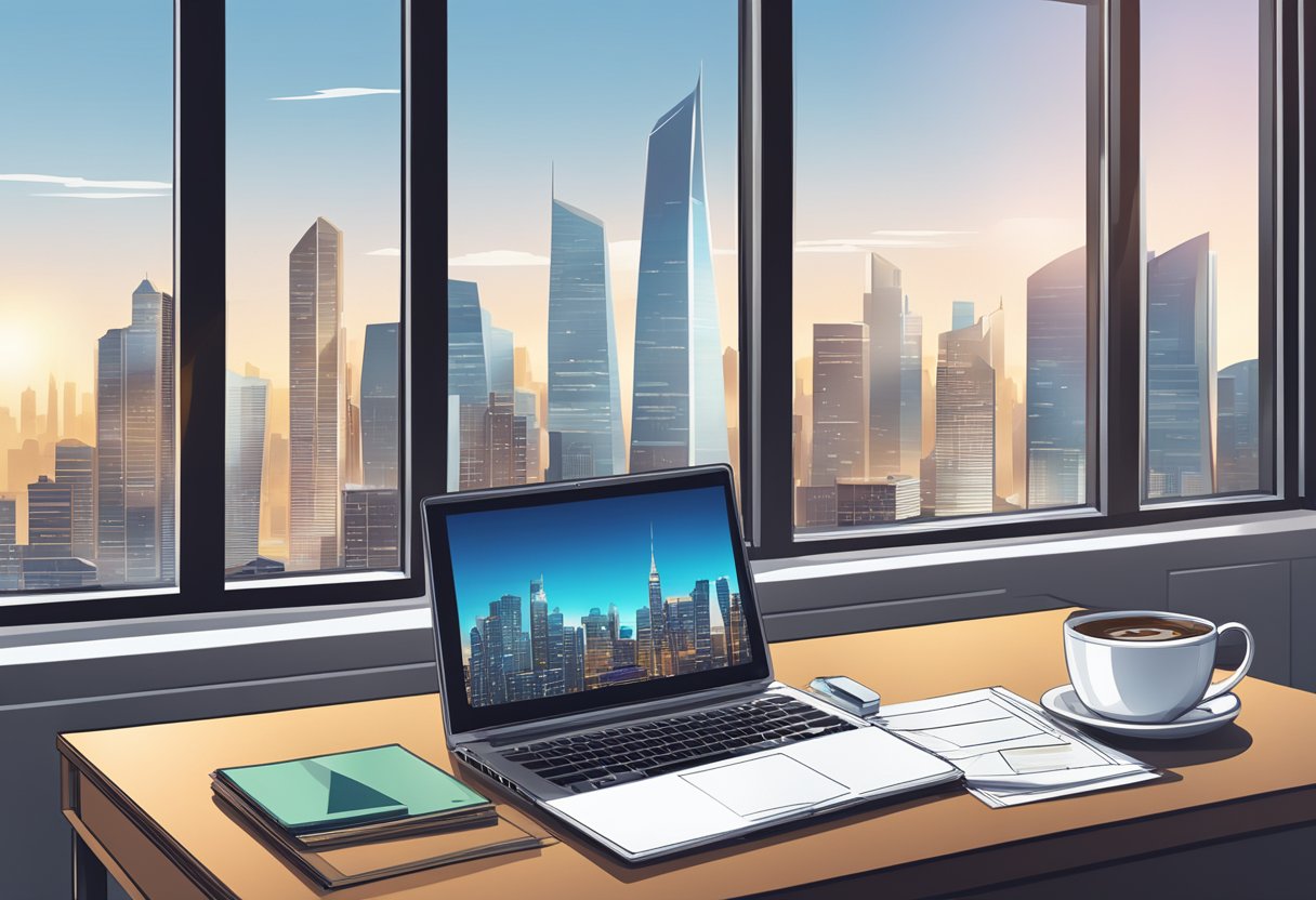 A laptop on a desk with financial documents, a calculator, and a cup of coffee. A window with a view of a city skyline in the background