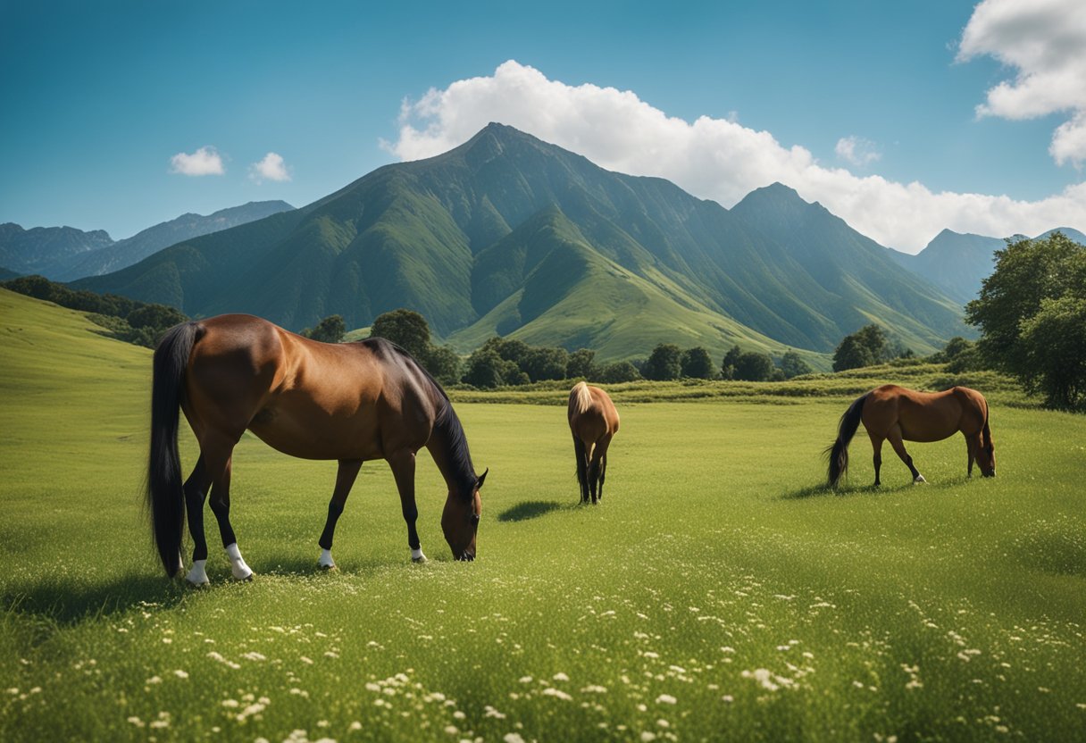 Island horses grazing in lush summer fields with a backdrop of mountains and clear blue skies