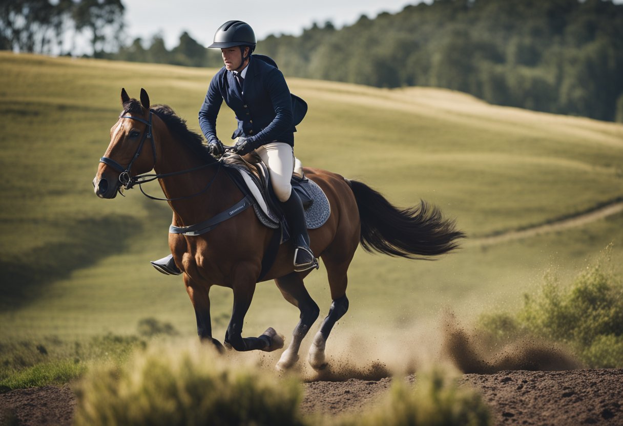 A horse and rider navigate rough terrain, following safety tips. The rider wears a helmet and proper gear, while the horse moves confidently