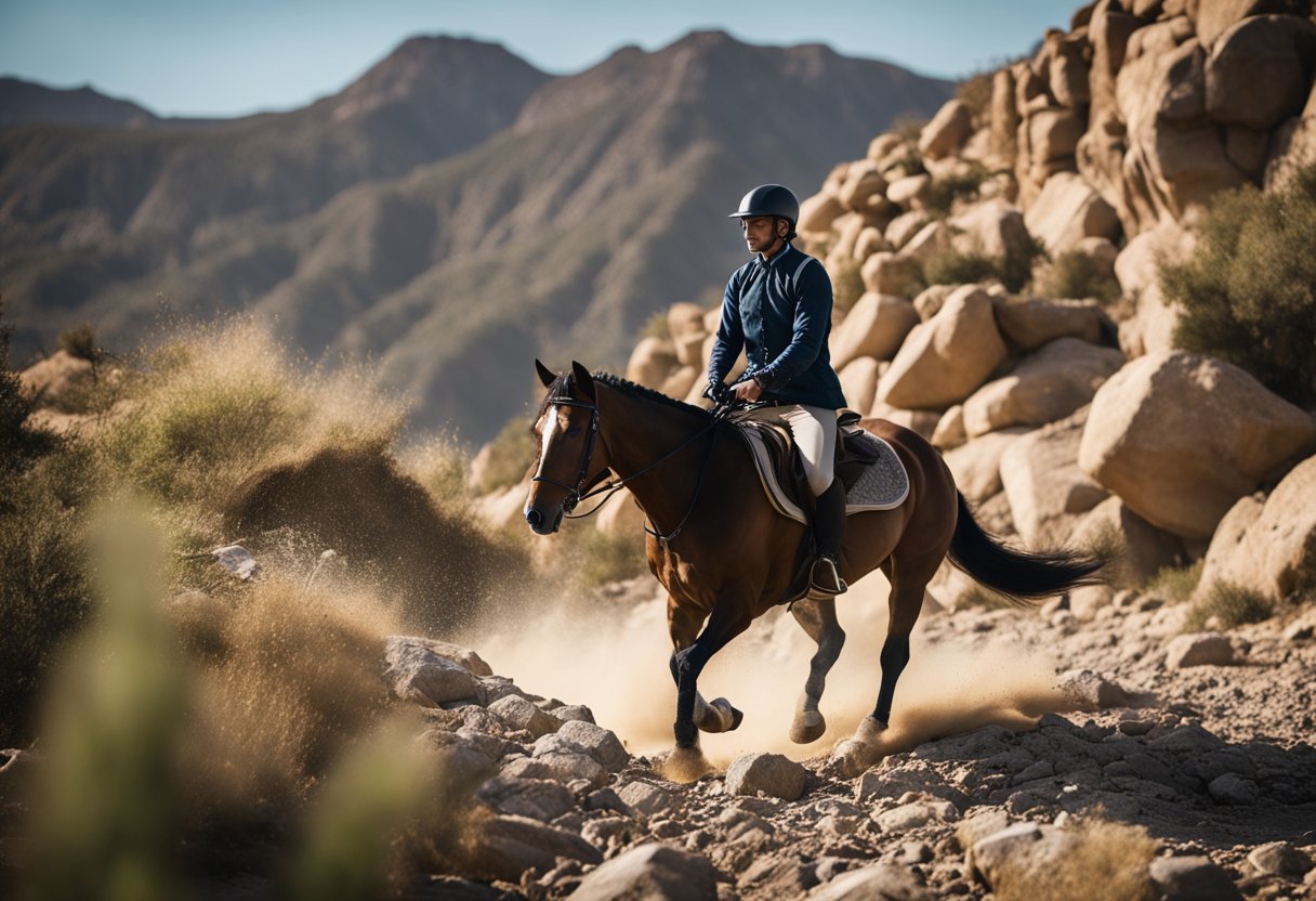A horse navigating rocky terrain with a rider using advanced riding techniques and strategies for safety