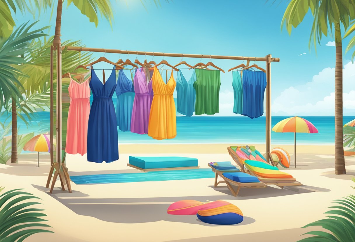 A vibrant beach setting with a variety of swimwear displayed on mannequins or hangers, surrounded by palm trees and a clear blue ocean backdrop