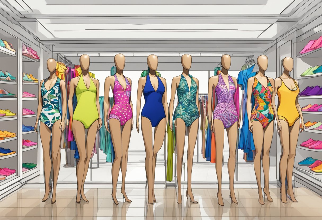 A colorful array of bikini and one-piece swimwear displayed on mannequins in a trendy boutique setting. Bold patterns and high-cut designs stand out