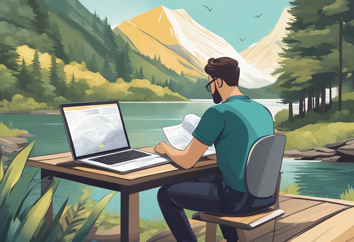 A person working on a laptop in a peaceful,sceneric view surrounded by mountains and lake.