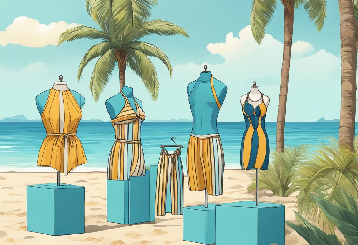 A beach scene with various swimwear displayed on mannequins, surrounded by palm trees and a clear blue sky