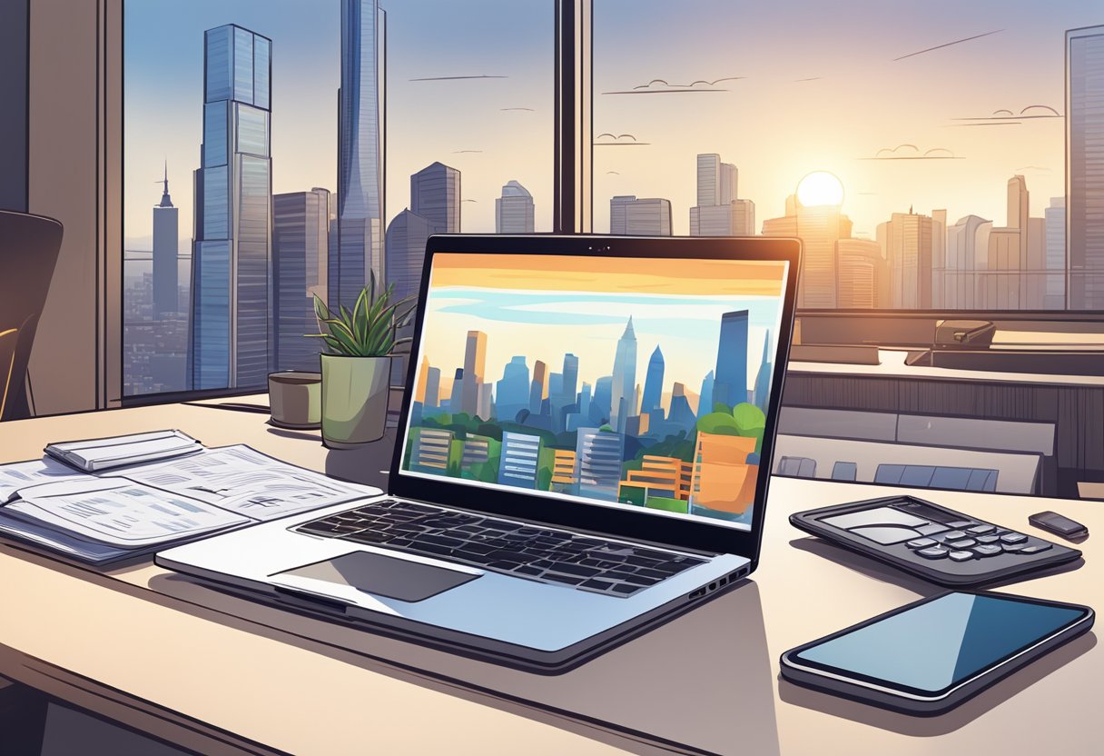 A laptop open on a desk with financial documents, calculator, and a phone. Remote work setting with a view of a city skyline in the background