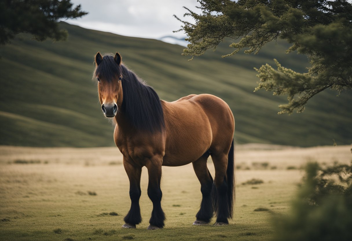 An Icelandic horse stands alert, ears forward, in a peaceful, natural setting. Its body language exudes intelligence and sensitivity
