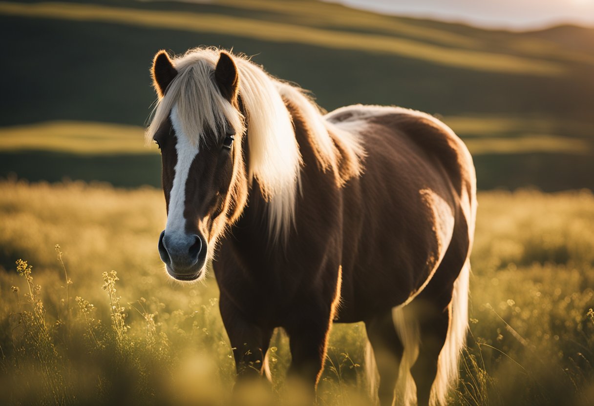 A serene Icelandic horse grazes in a lush meadow, its alert eyes scanning the surroundings. The sun casts a warm glow on its sleek, sturdy frame