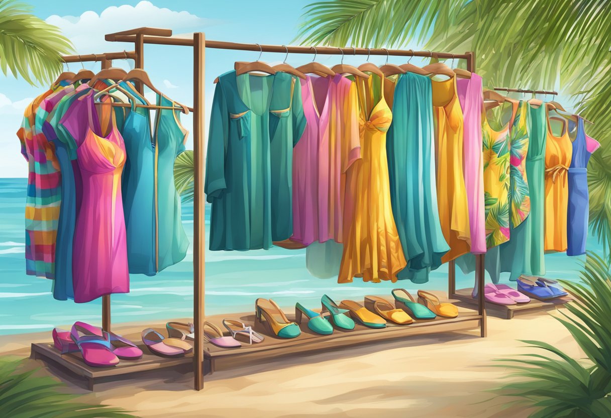 A vibrant, tropical beach setting with colorful swimwear displayed on mannequins or hung on a clothing rack