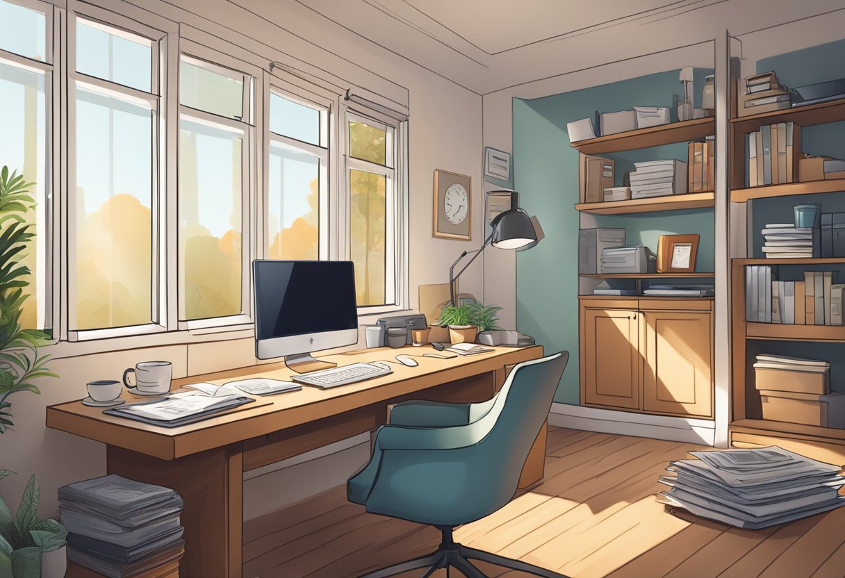 A cozy home office with a computer, calculator, and financial documents spread out on a desk. A window lets in natural light, and a cup of coffee sits nearby