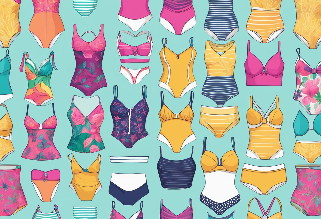 A vibrant online store display of women's swimwear, featuring a variety of styles, colors, and sizes, with clear product images and easy navigation