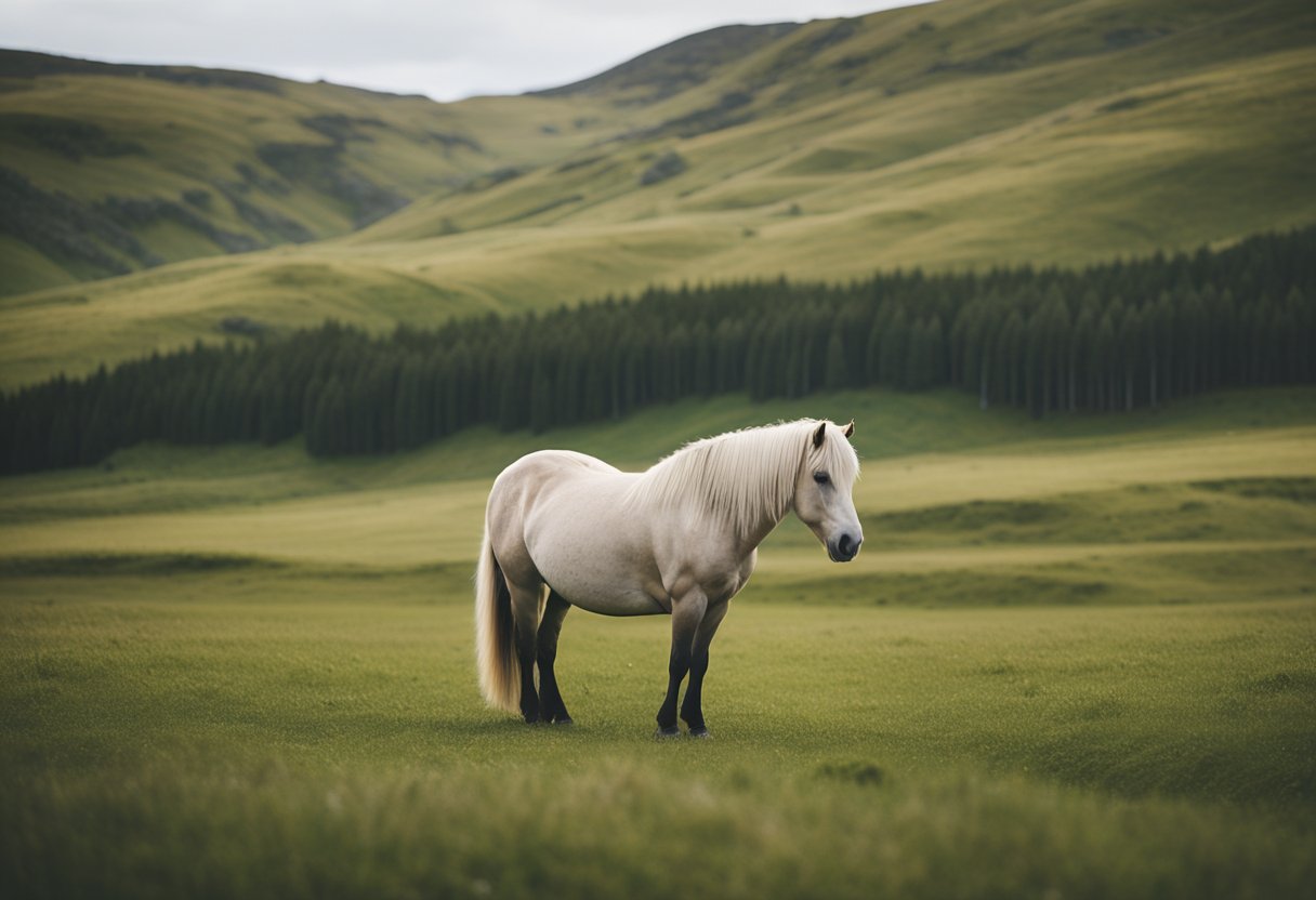 An Icelandic horse calmly grazes in a serene meadow, surrounded by lush greenery and gentle rolling hills, exuding a sense of peace and tranquility