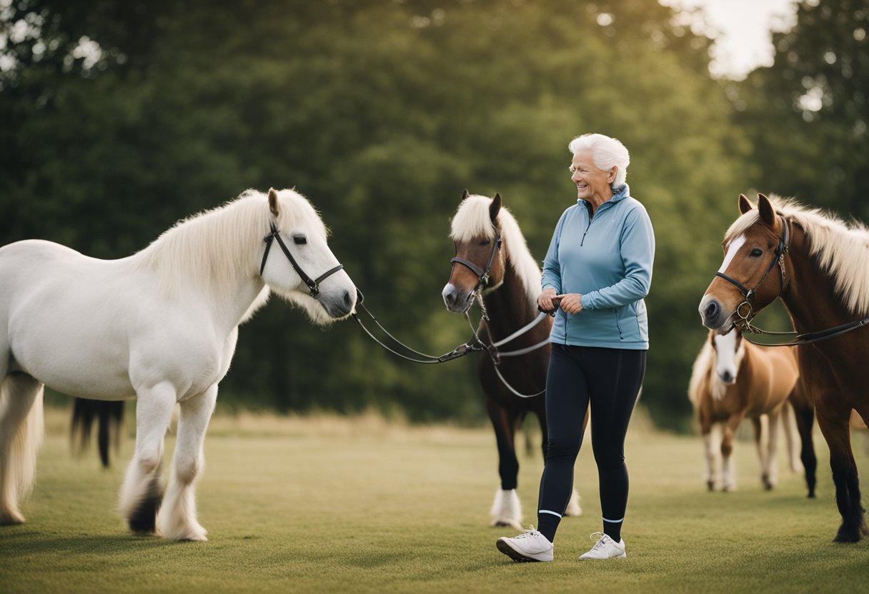 Elderly people exercising with Icelandic horses in a serene outdoor setting