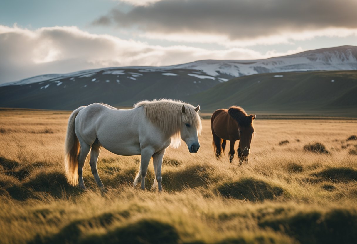 Elderly Icelandic horses grazing in a peaceful field, with a gentle breeze and warm sunlight. Other horses interact harmoniously, demonstrating social aspects of exercise adaptation