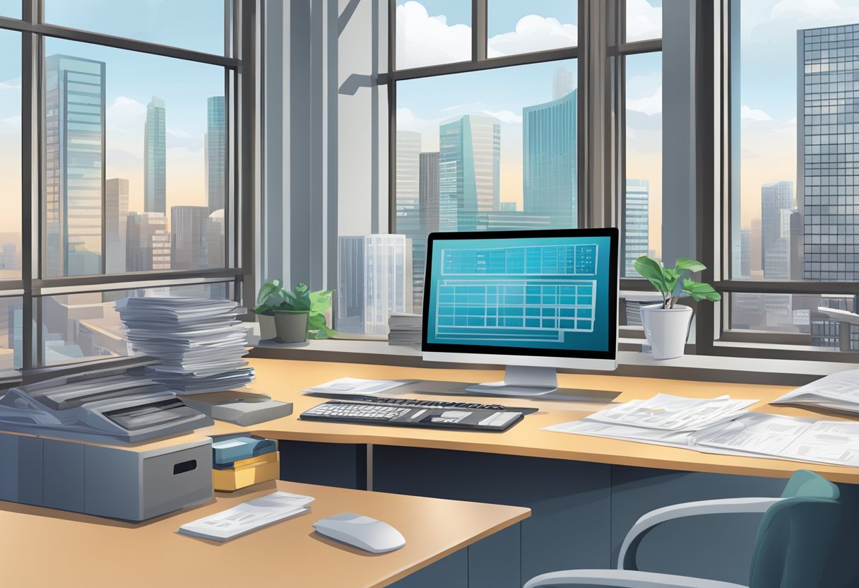 A desk with a computer, calculator, and financial documents. A window with a view of city buildings