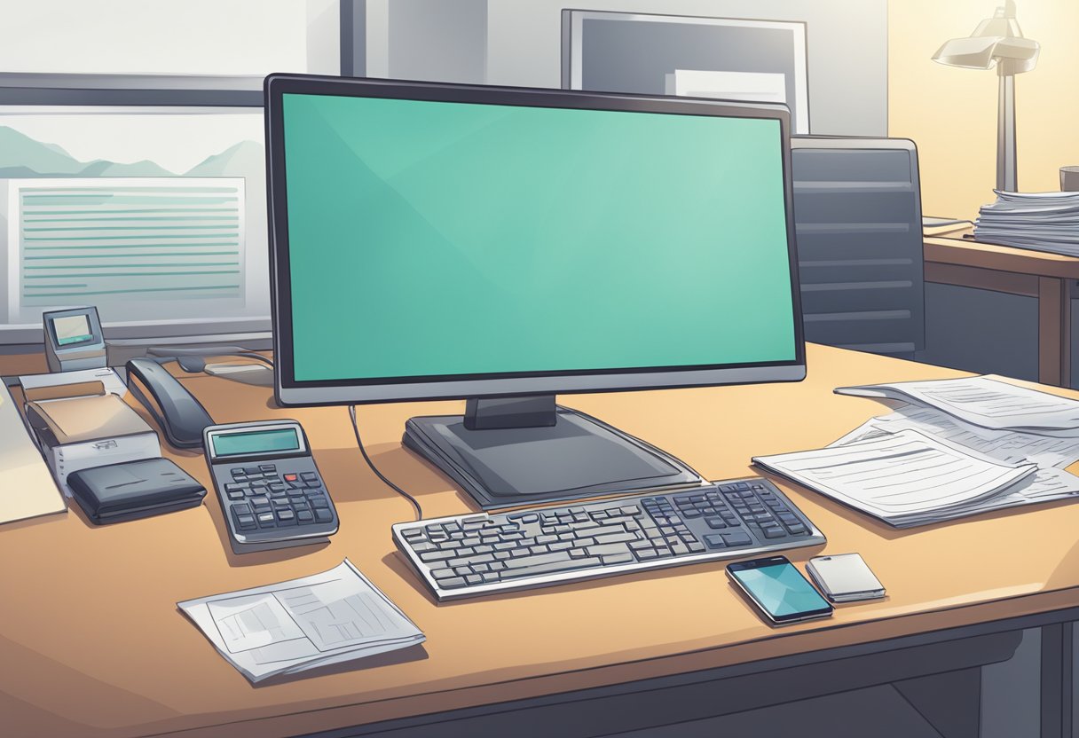 A desk with a computer, calculator, and financial documents. A phone and notebook sit nearby. The room is quiet and well-lit