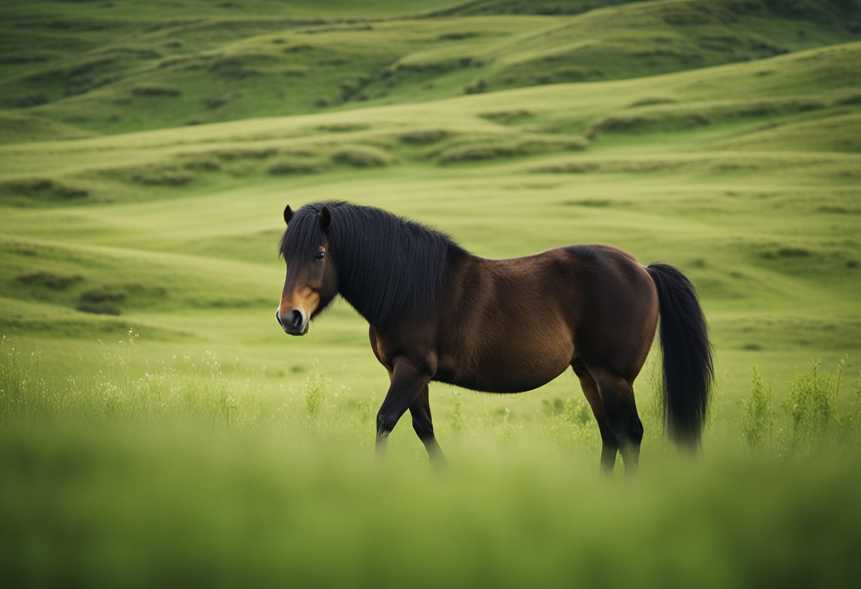 A strong Icelandic horse stands proudly in a lush green pasture, showcasing its sturdy build and thick mane, symbolizing its influence on modern horse breeding