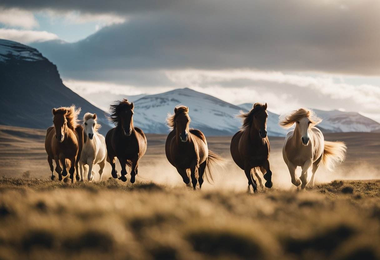 A group of Icelandic horses galloping through a vast, open landscape with mountains in the distance. The horses' manes and tails flow behind them as they move gracefully across the terrain