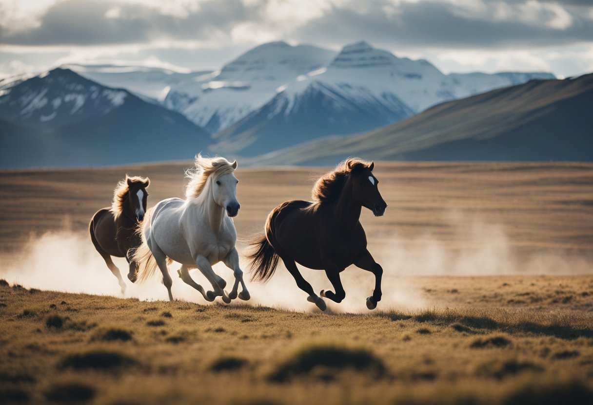 A group of Icelandic horses galloping across a vast, open landscape, with mountains in the distance and a sense of freedom and adventure in the air