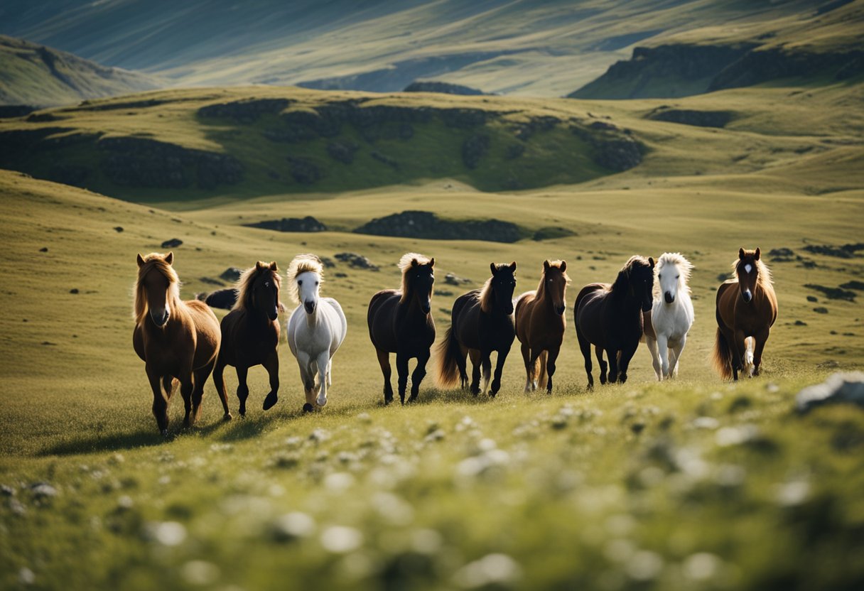 A group of Icelandic horses embarking on a long-distance ride, guided by riders through picturesque landscapes and rugged terrain