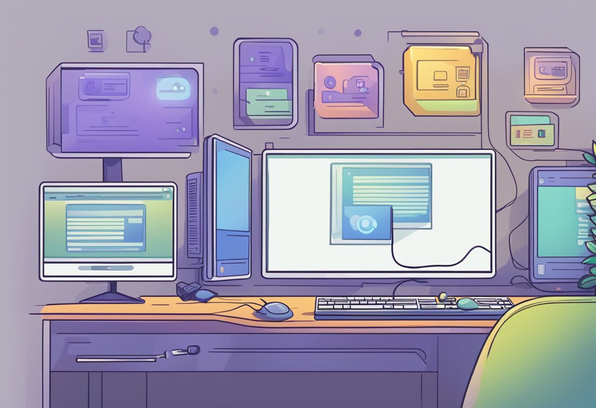 Computer screen shows "Discord not connecting" error message. User clicks on troubleshooting guide. Internet router blinks