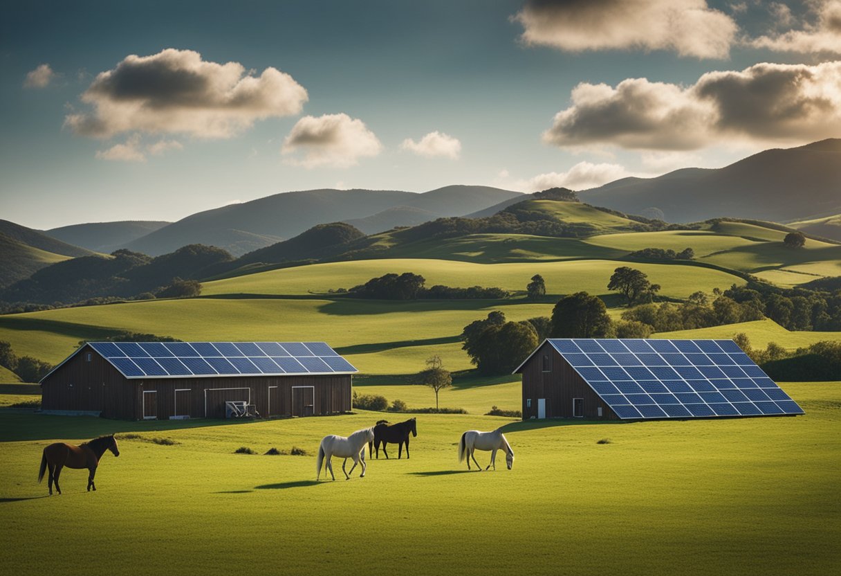 A serene island landscape with sustainable horse farming. Rolling hills, grazing horses, and a barn with solar panels