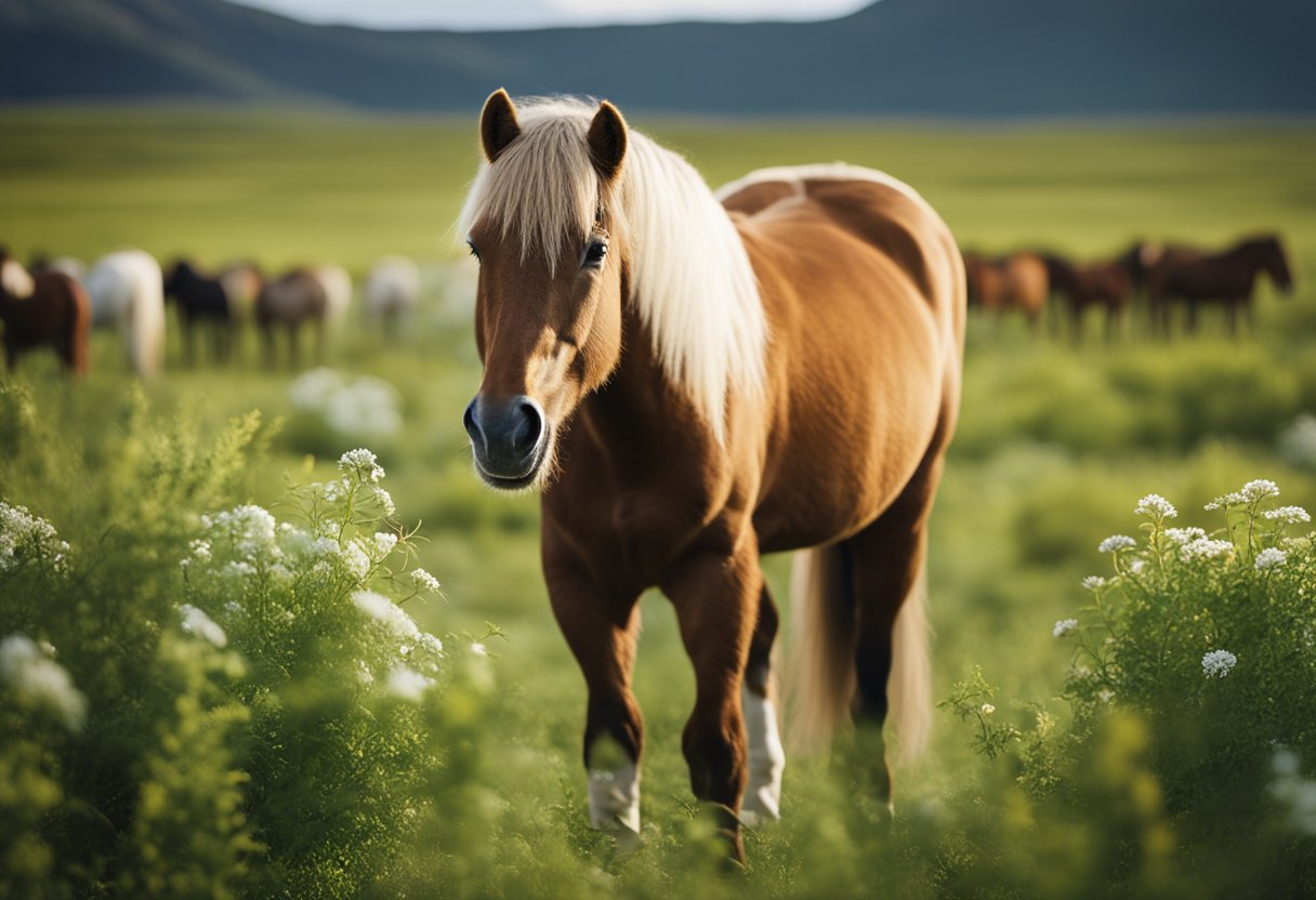 A sturdy Icelandic horse grazes in a lush, open field, surrounded by diverse flora and fauna, symbolizing its role in sustainable horse husbandry