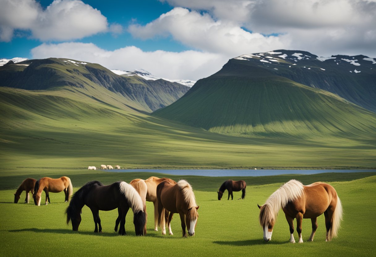 A group of Icelandic horses grazing in a lush, green meadow with a backdrop of mountains and a clear, blue sky