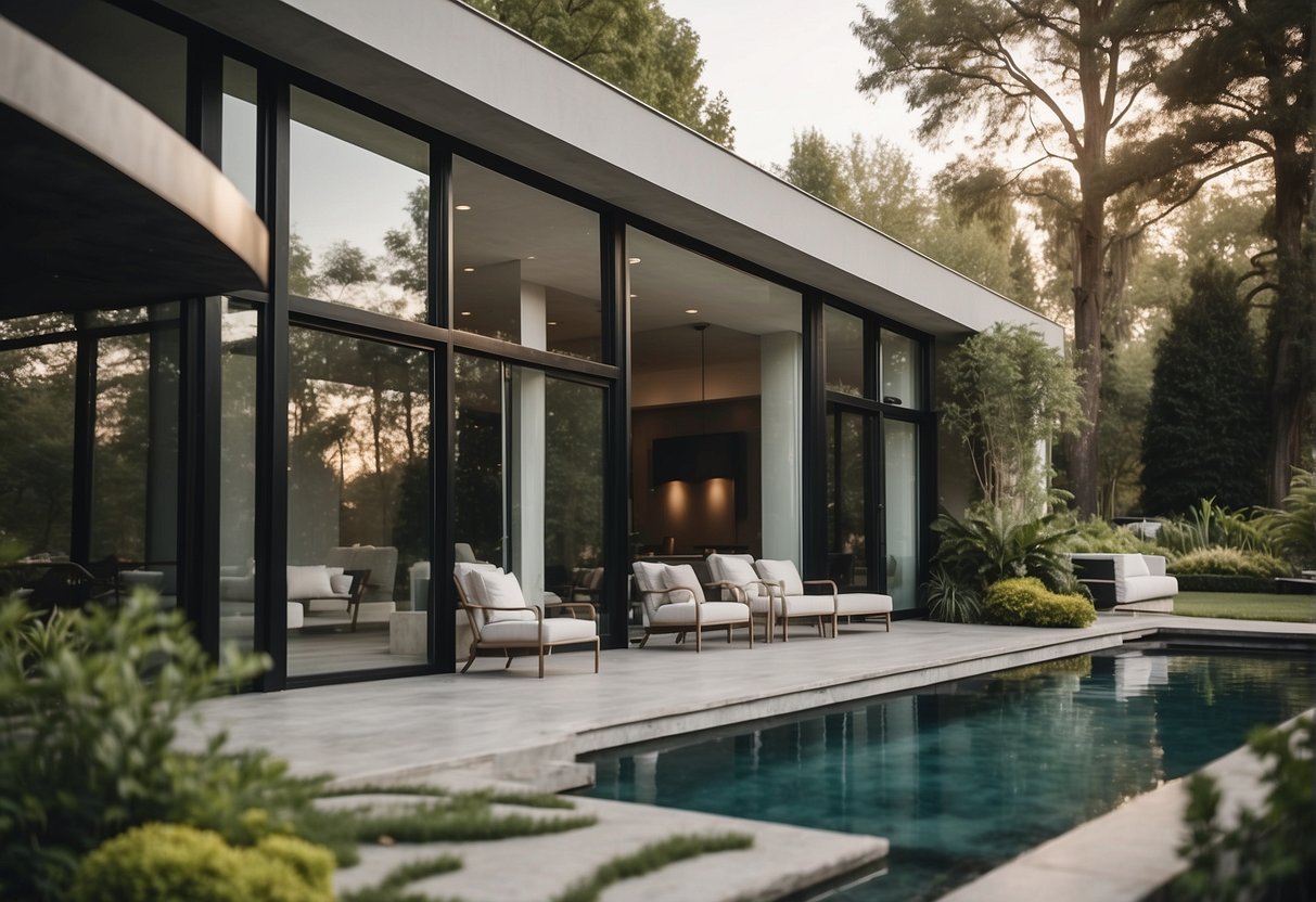 A modern house with clean lines and large windows, surrounded by lush landscaping and a spacious outdoor living area