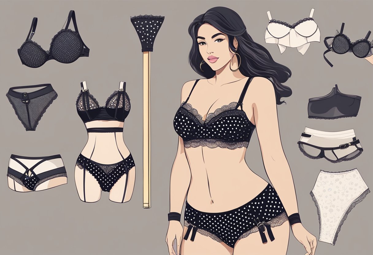 A lacy black bra and panties with playful polka dots, paired with a cheeky garter belt and stockings