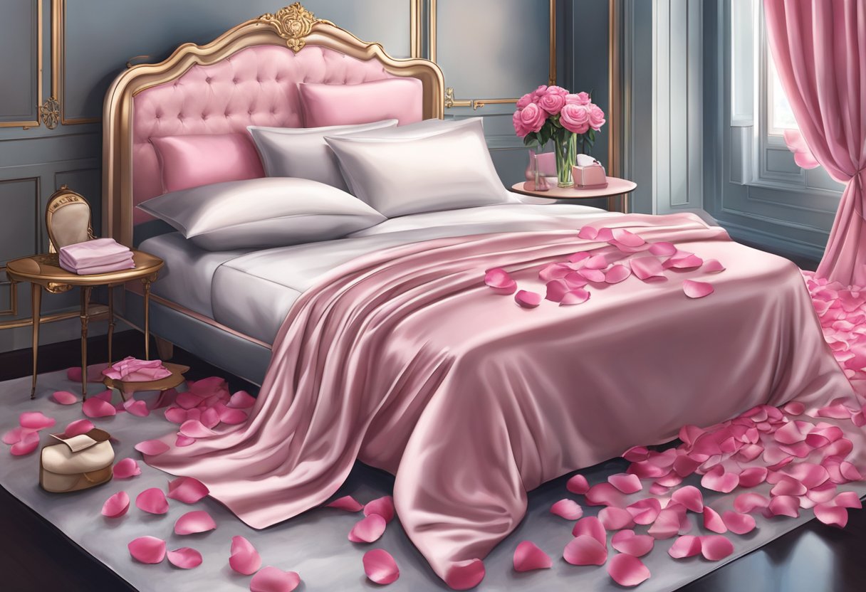 A luxurious bed with satin sheets, scattered rose petals, and playful lingerie draped over a chair