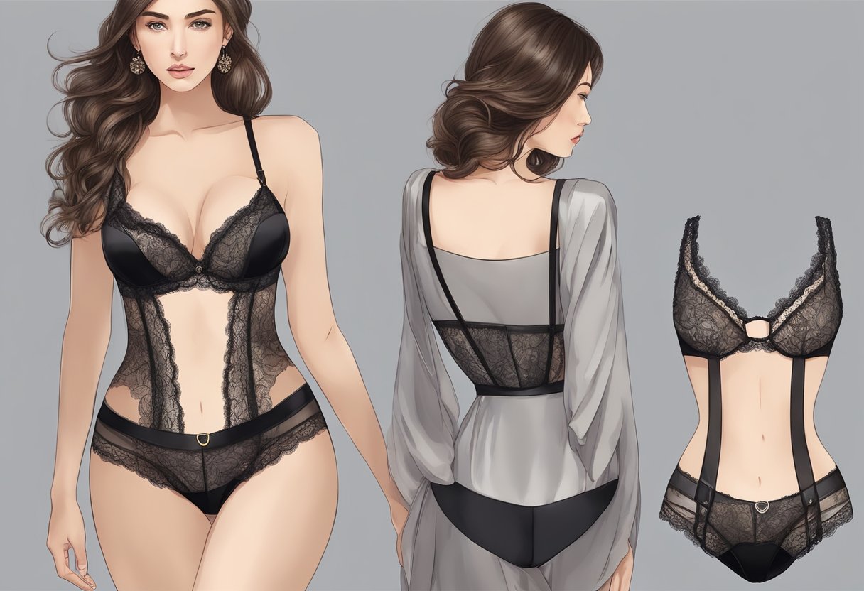 A lacey lingerie set with black suspenders draped over a satin fabric, surrounded by delicate lace and silk materials