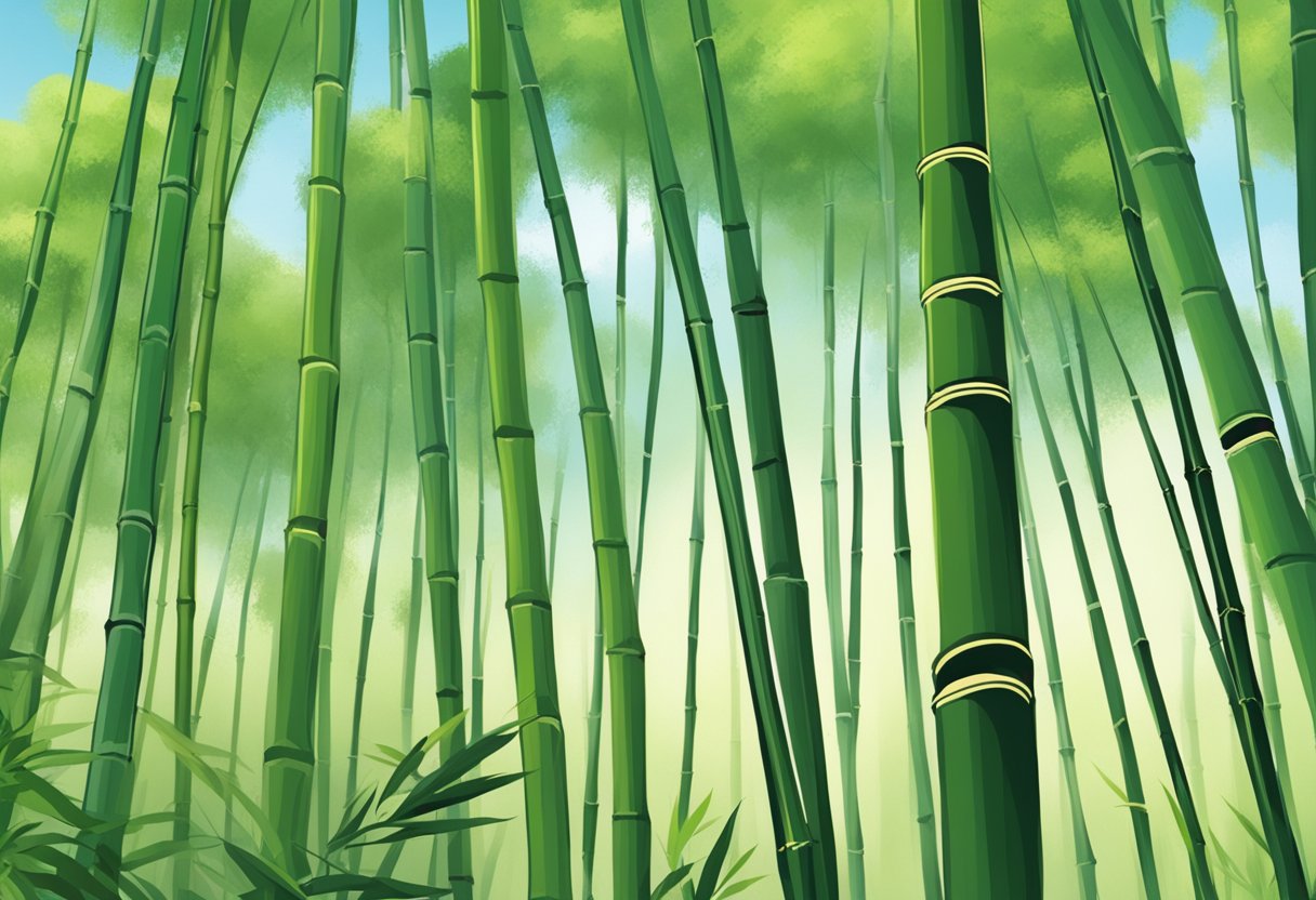 A serene bamboo forest with tall, slender stalks swaying in the breeze, surrounded by peaceful nature