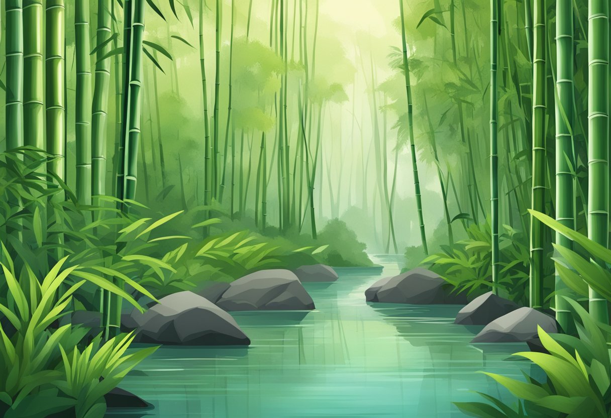 Lush bamboo forest with diverse wildlife, clean waterways, and minimal waste