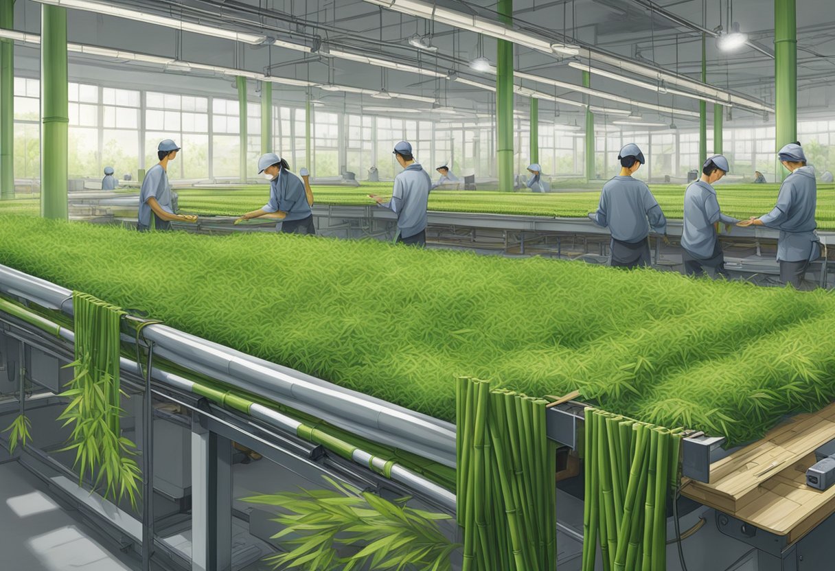 Bamboo plants being sustainably harvested and processed into fabric, then sewn into underwear in a clean, well-lit factory