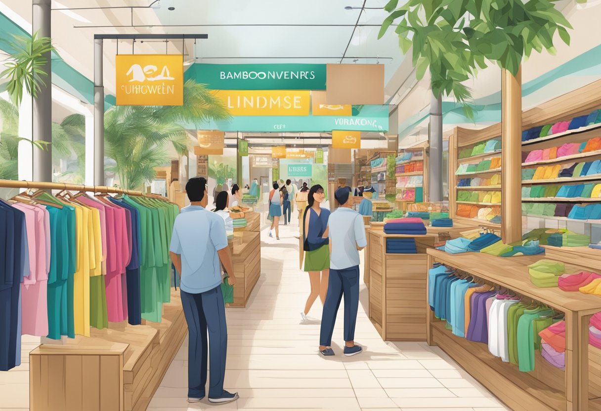A bustling marketplace showcasing various bamboo underwear brands. Brightly colored displays and eco-friendly signage draw in customers