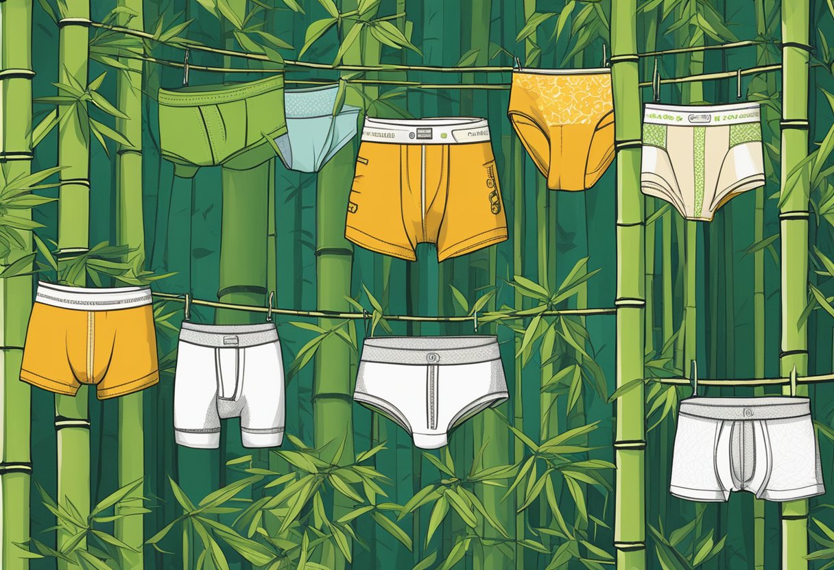 A bamboo forest with various bamboo underwear brands hanging from the trees, showcasing their different designs and logos