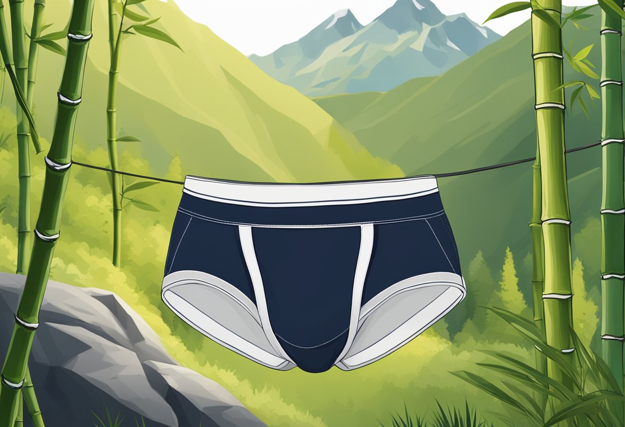 Bamboo underwear displayed in a hiking setting with mountains and trails in the background, showcasing its durability and comfort for outdoor activities