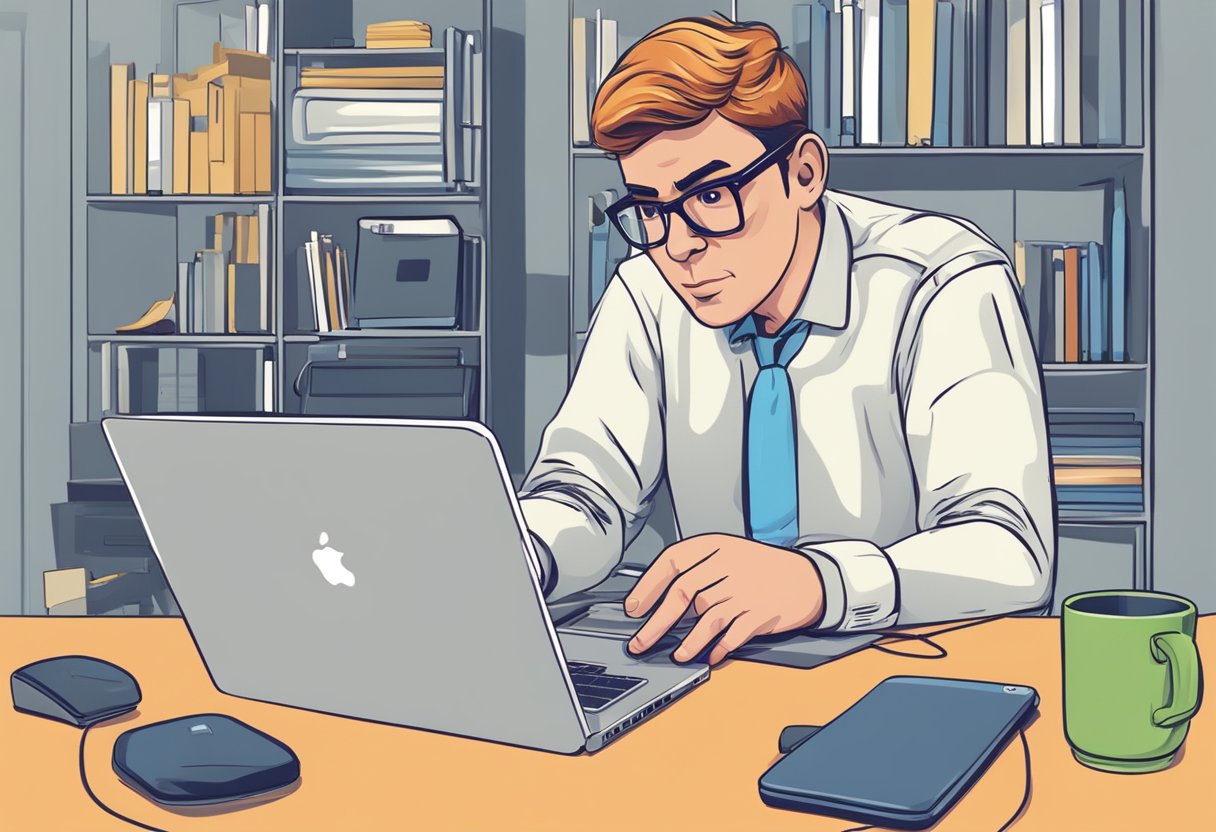 A person troubleshooting Wi-Fi issues on a laptop with a puzzled expression