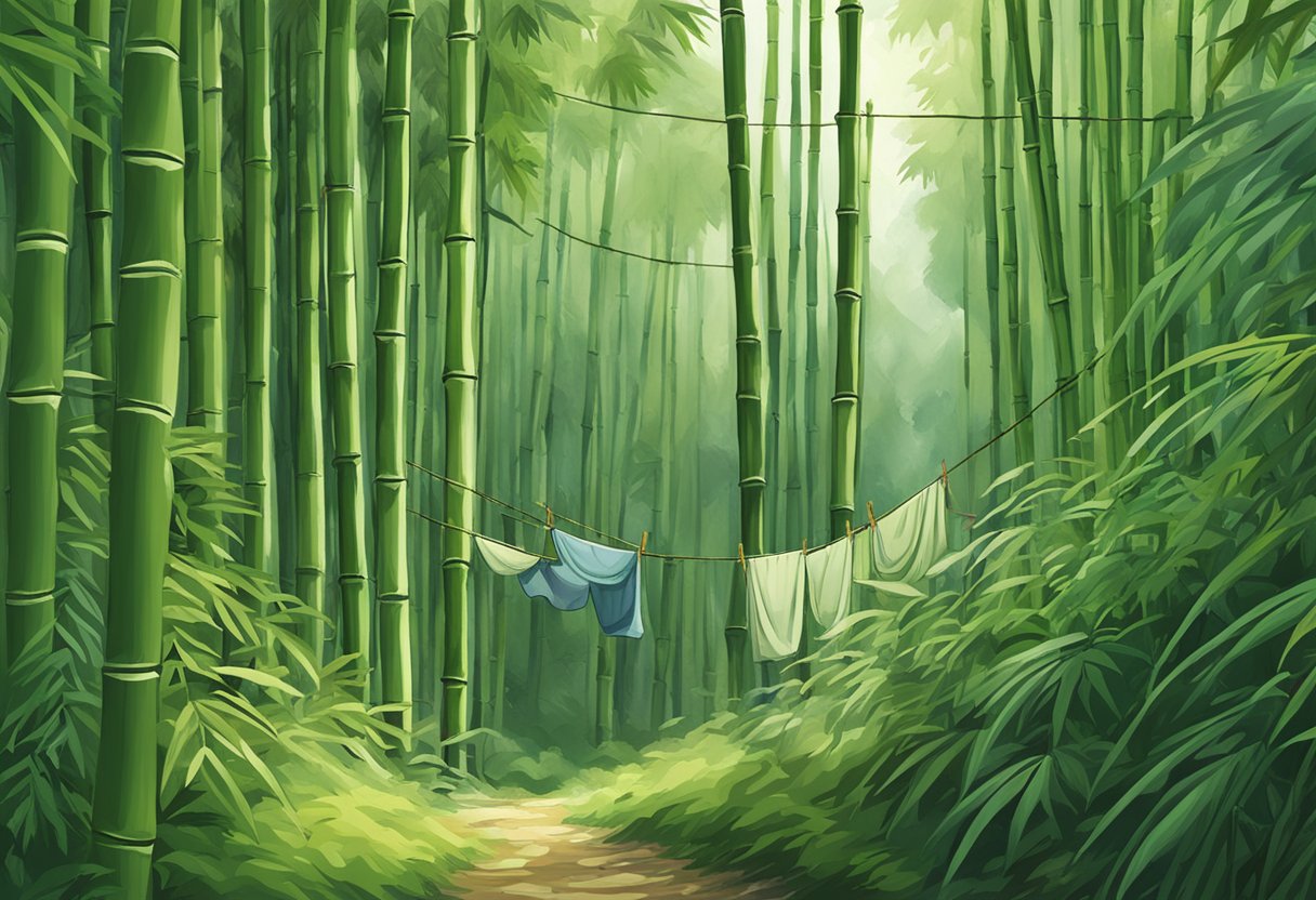 Lush green bamboo forest in India, with a focus on bamboo underwear hanging on a clothesline