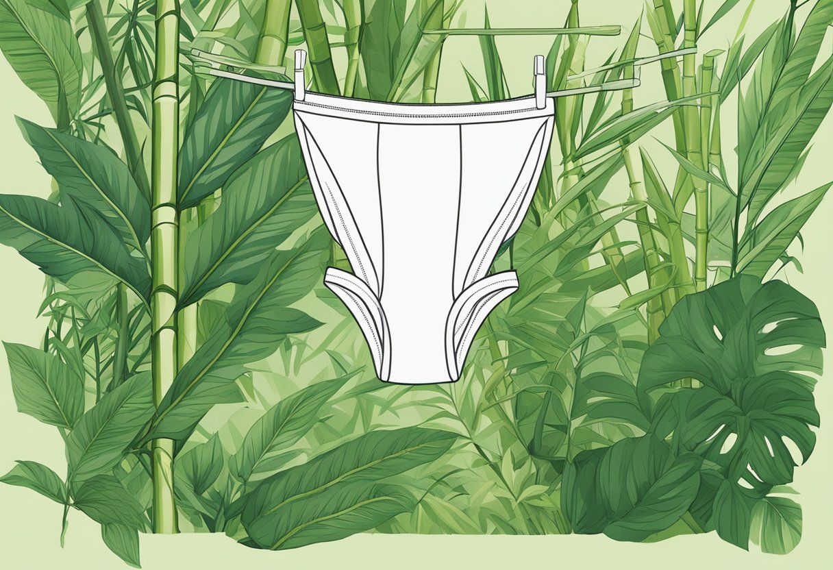 A bamboo underwear label is displayed against a backdrop of lush bamboo plants, emphasizing its natural and eco-friendly qualities