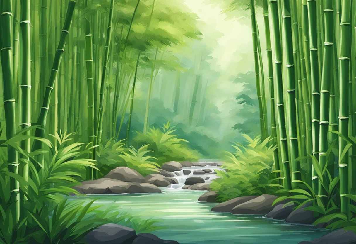 A lush bamboo forest with a clear stream running through it, showcasing the natural benefits of bamboo for underwear