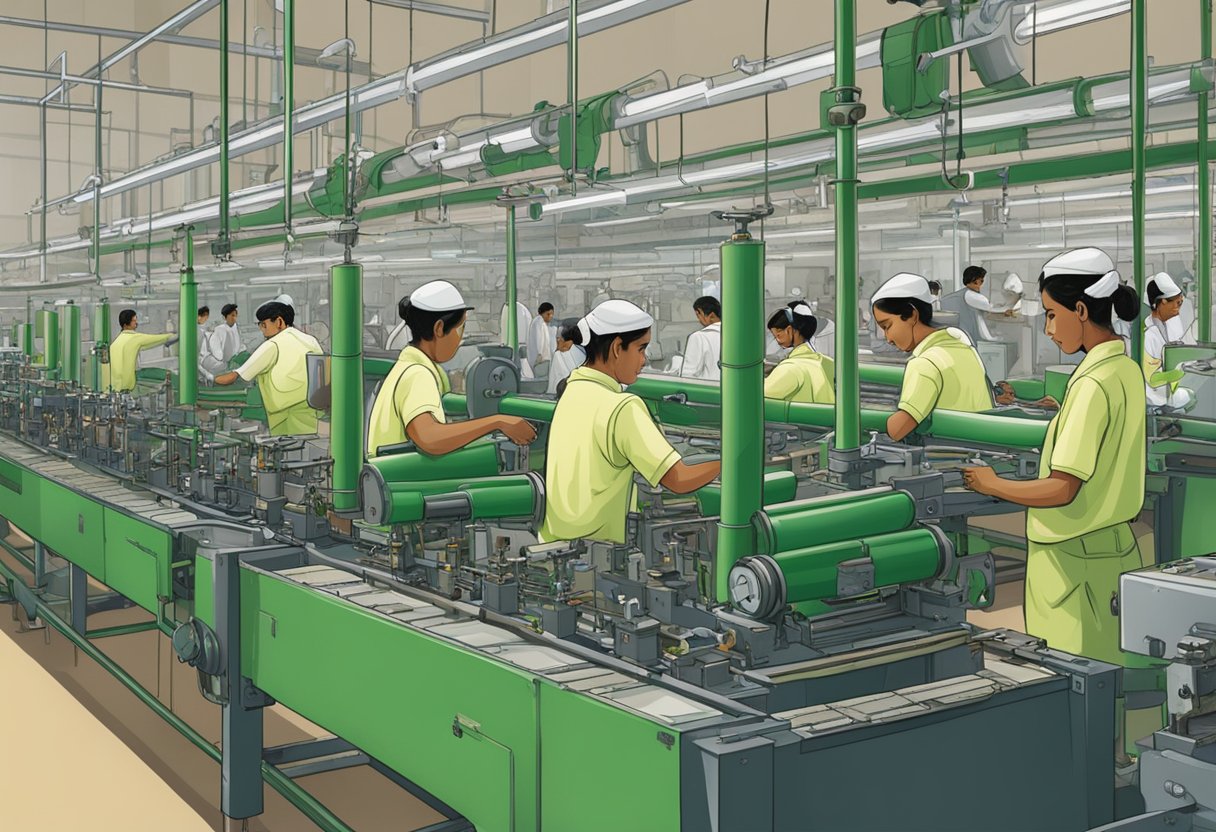 A bustling bamboo underwear factory in India, with workers operating machinery and inspecting finished products