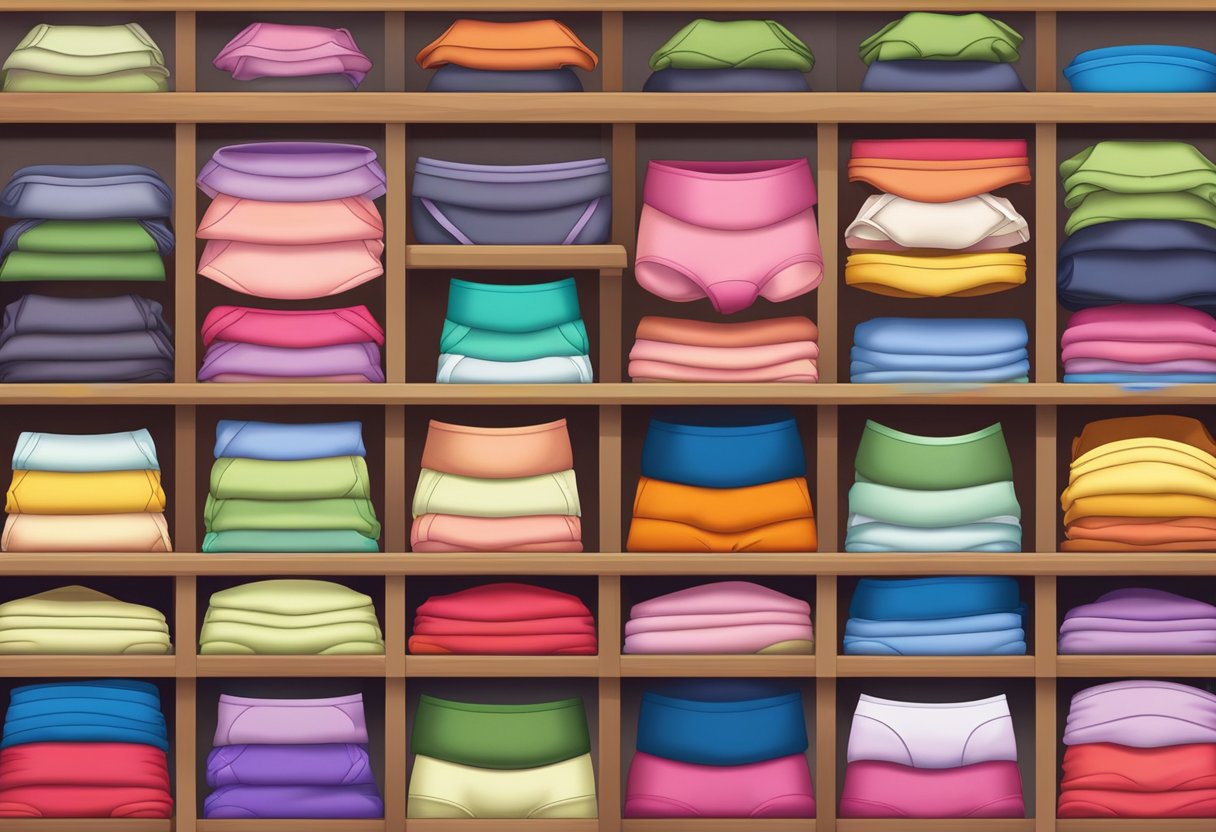 A colorful array of plus size bamboo underwear, neatly folded and stacked on a wooden display shelf