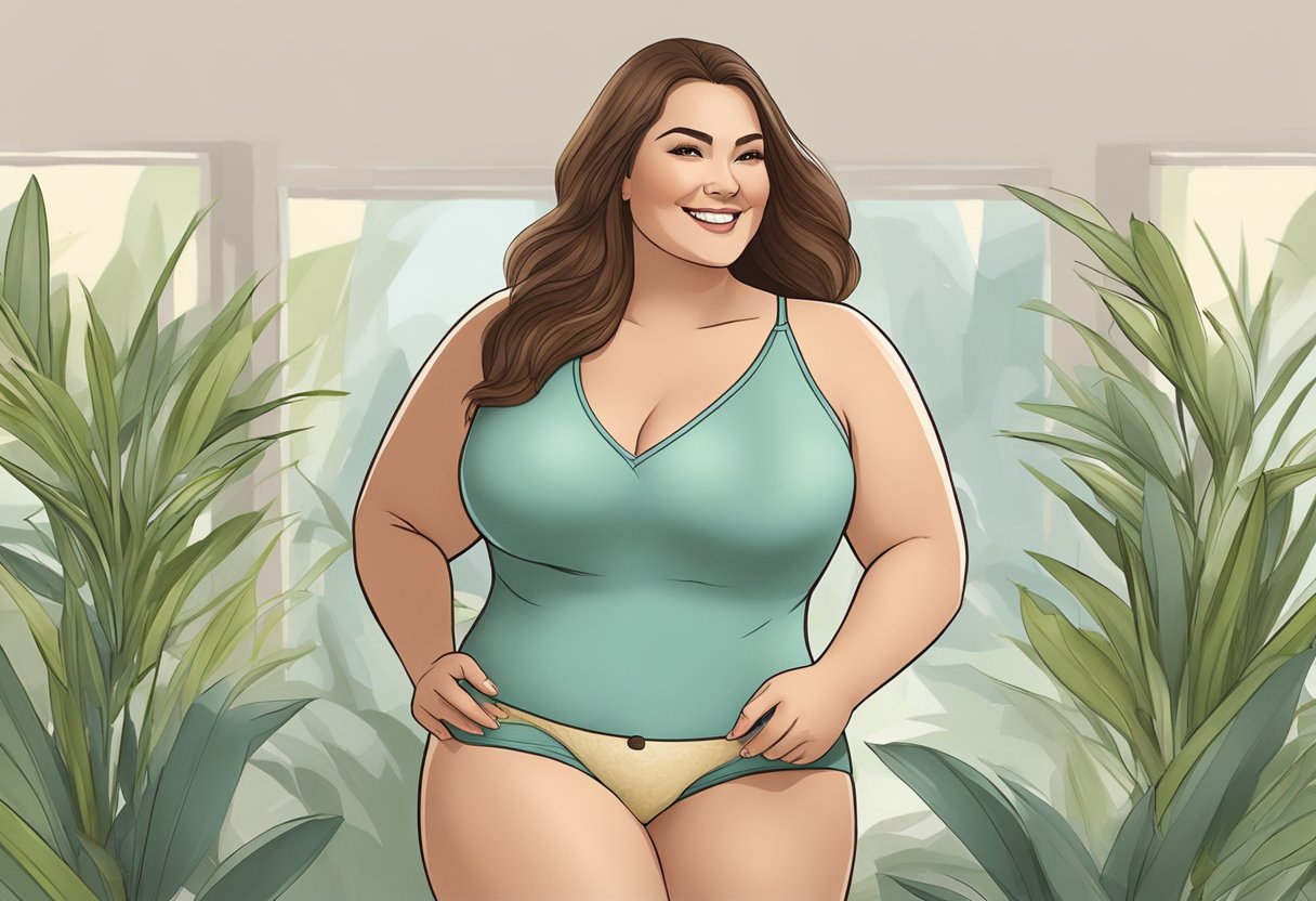 A plus size woman happily wears bamboo underwear, feeling comfortable and confident