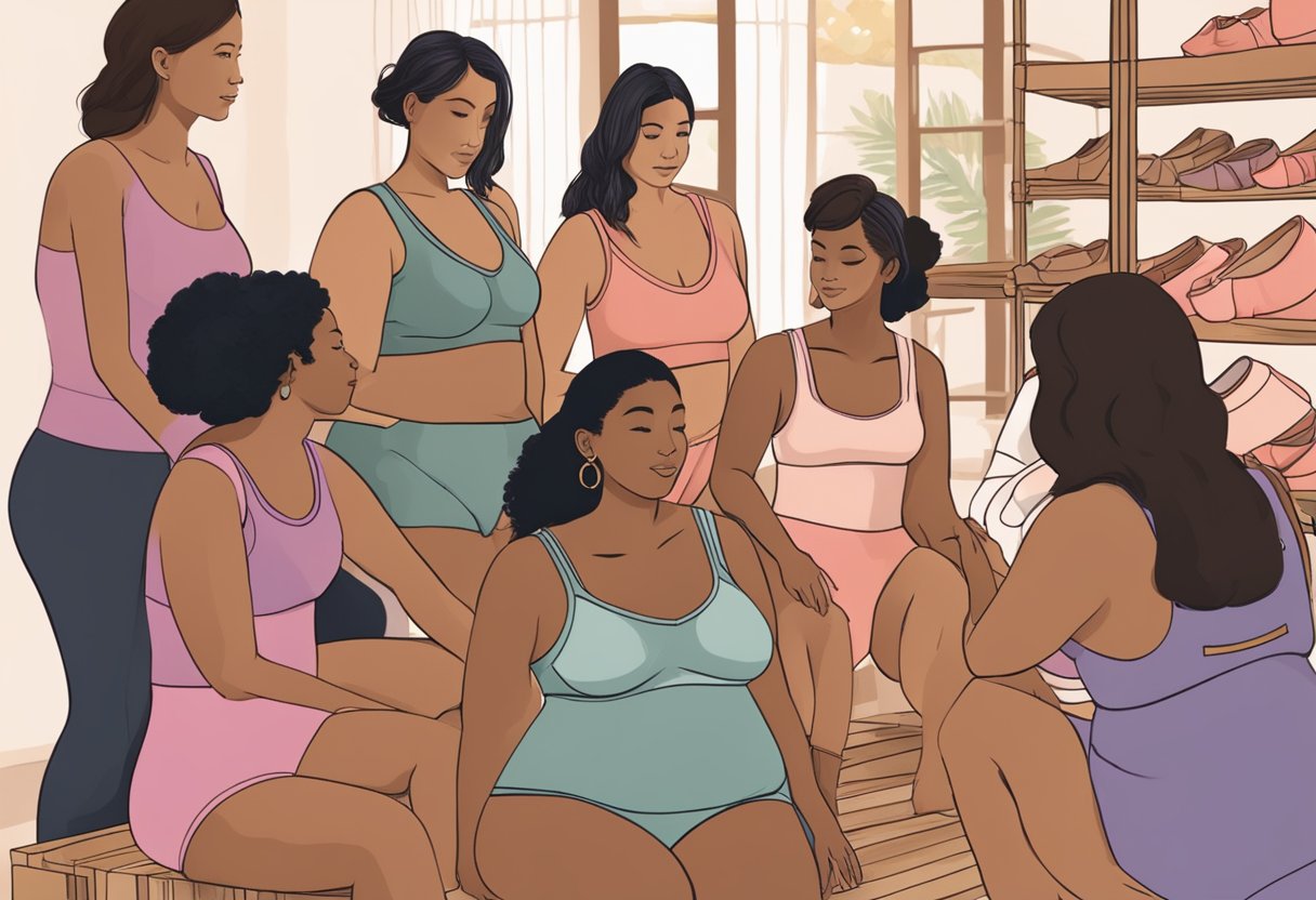 A diverse group of women examining various sizes and styles of bamboo underwear in a comfortable and inclusive setting