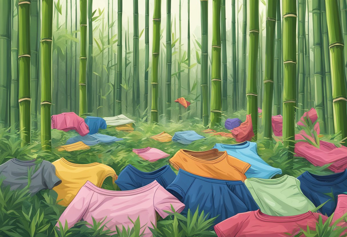 Tall bamboo trunks stand amid scattered underwear